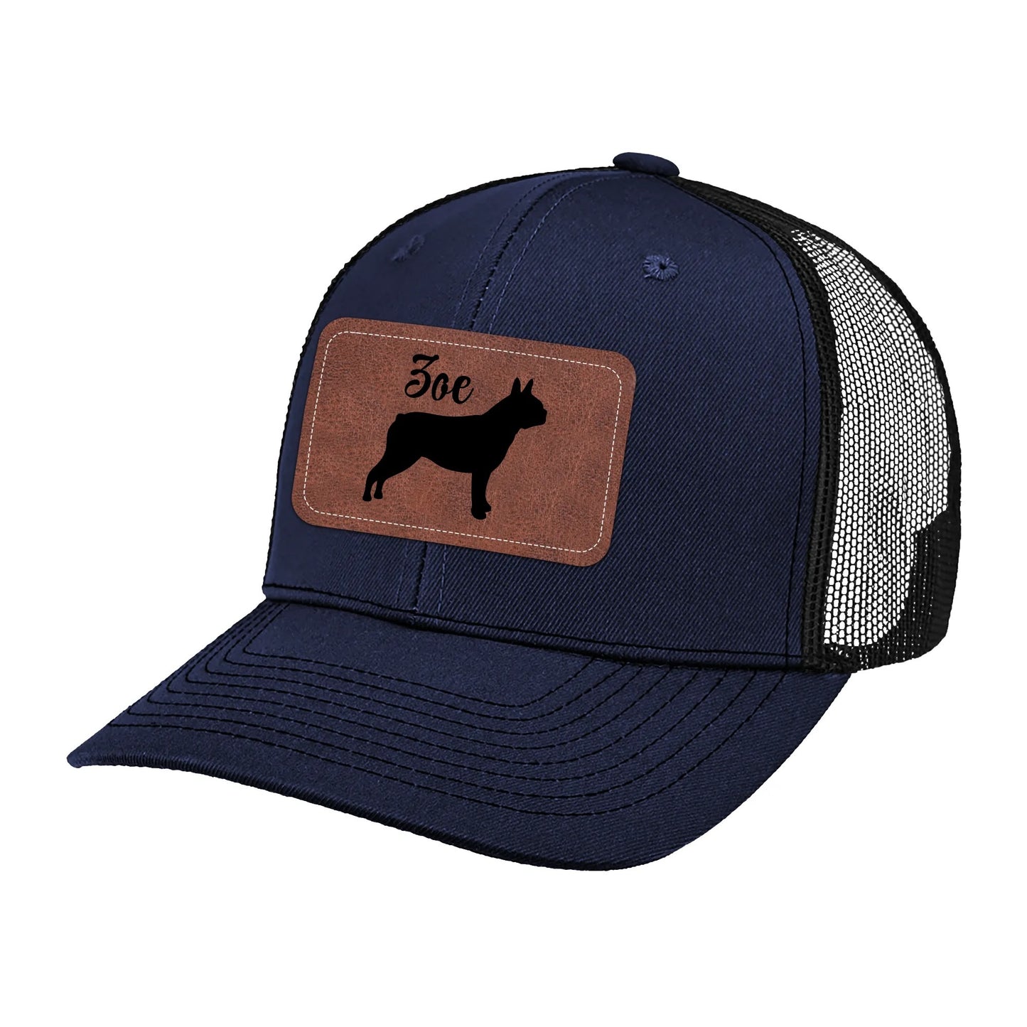 Custom Dog Name With Boston Terrier Silhouette Brown Rectangle Leather Patch Hat Trucker Cap . Navy
