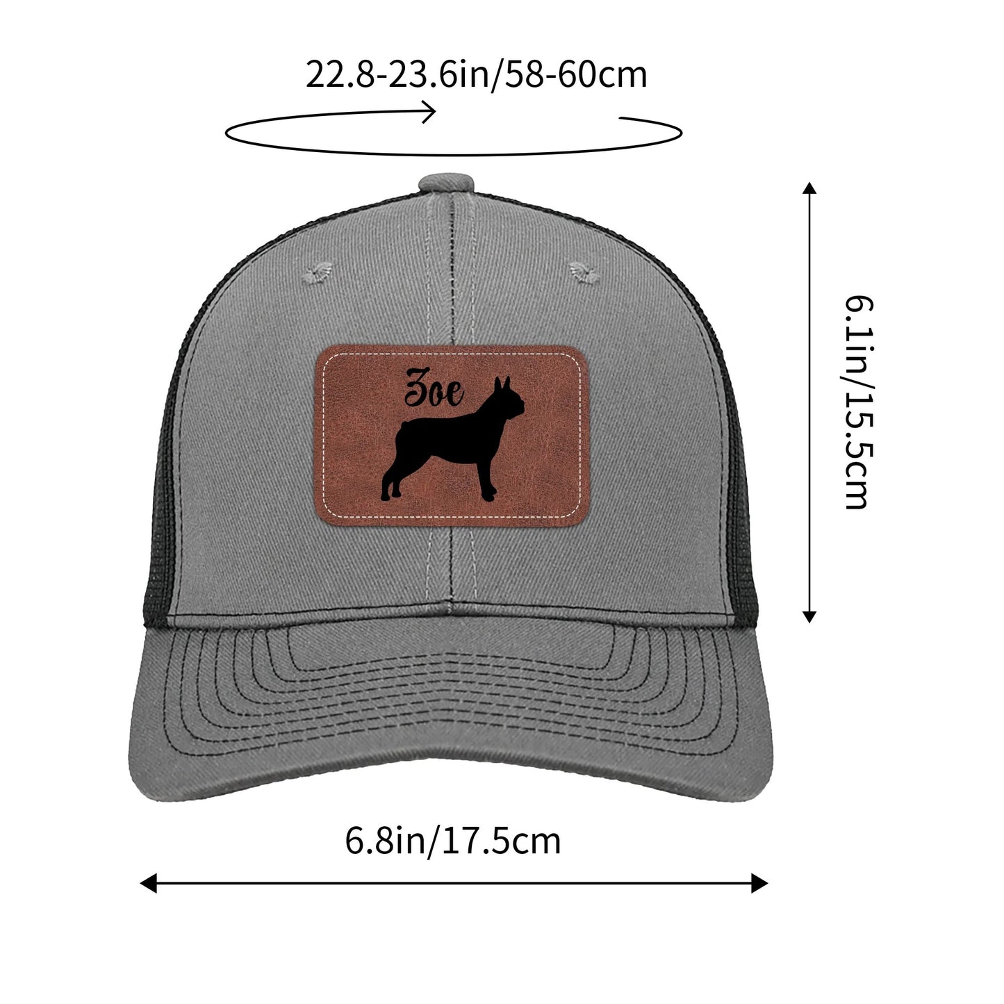 Custom Dog Name With Boston Terrier Silhouette Brown Rectangle Leather Patch Hat Trucker Cap .
