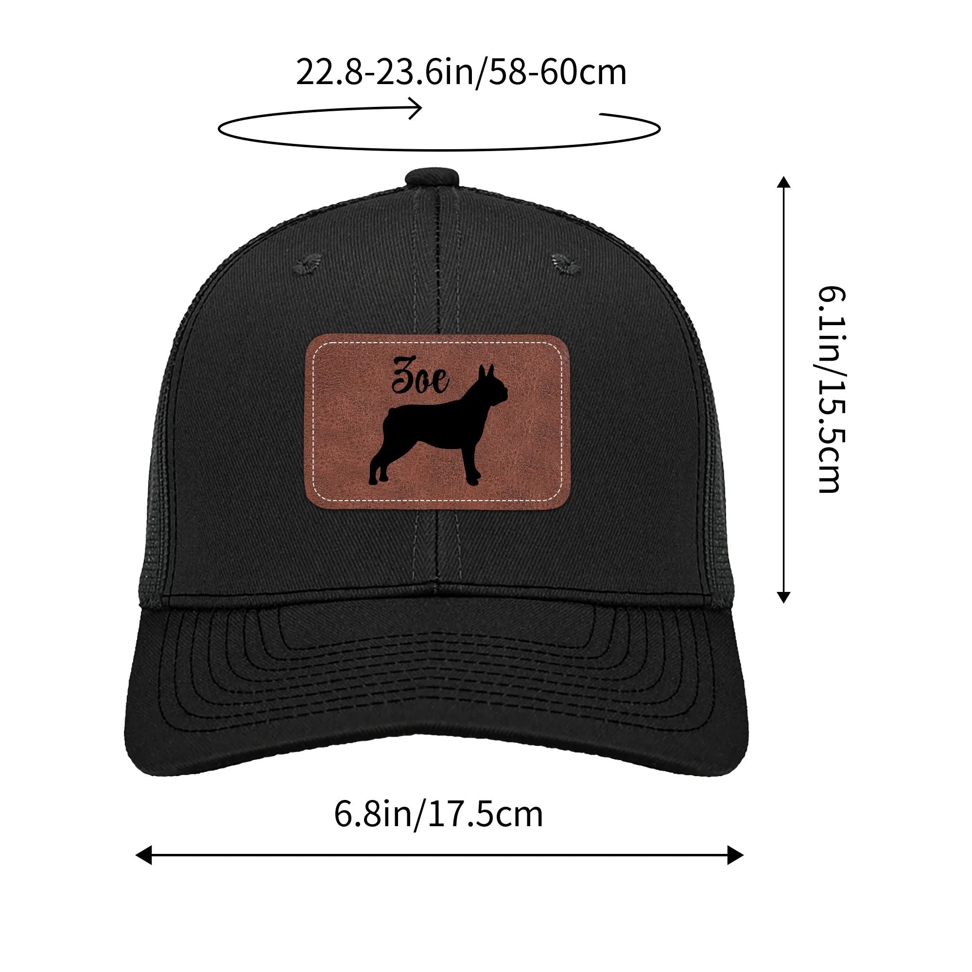 Custom Dog Name With Boston Terrier Silhouette Brown Rectangle Leather Patch Hat Trucker Cap .