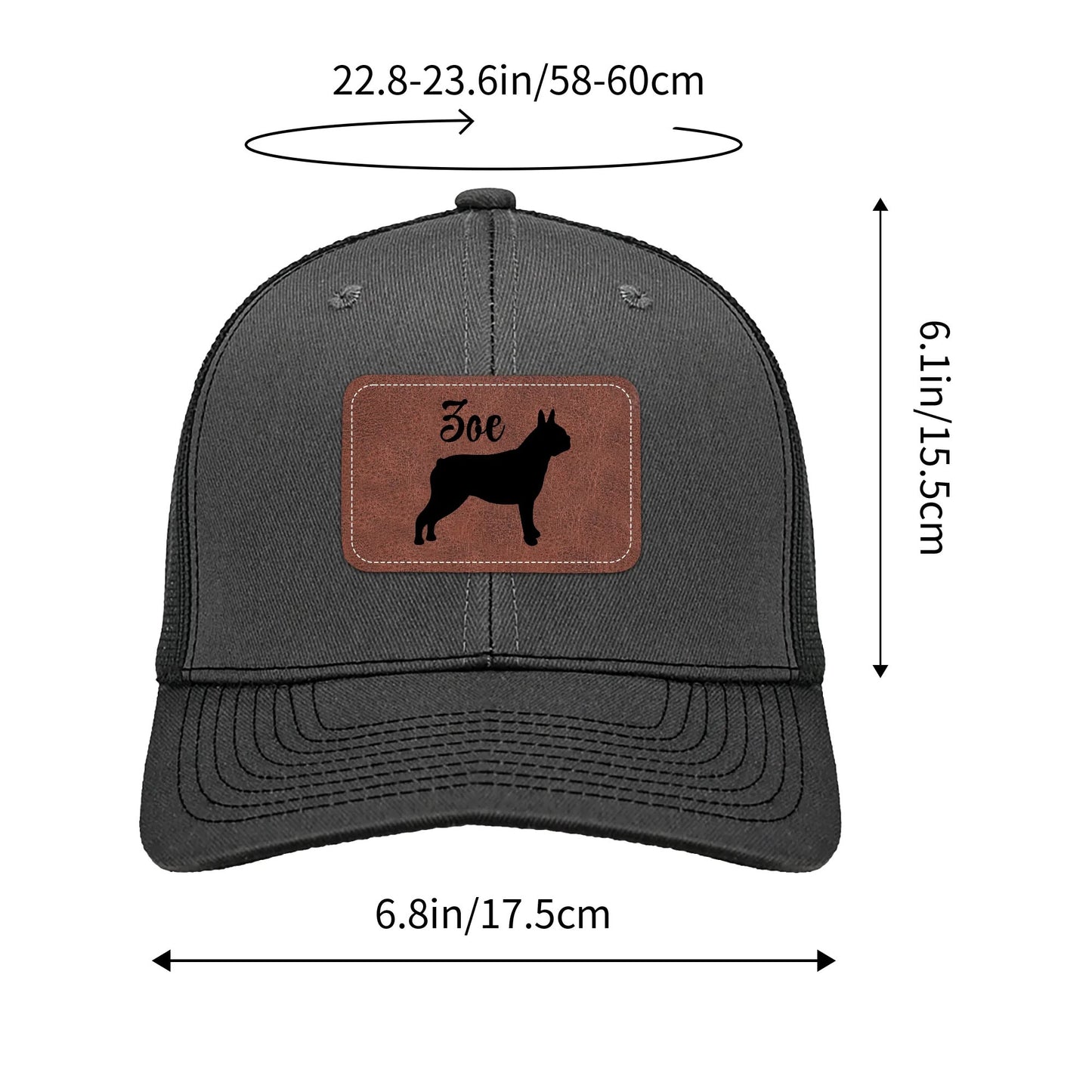 Custom Dog Name With Boston Terrier Silhouette Brown Rectangle Leather Patch Hat Trucker Cap .