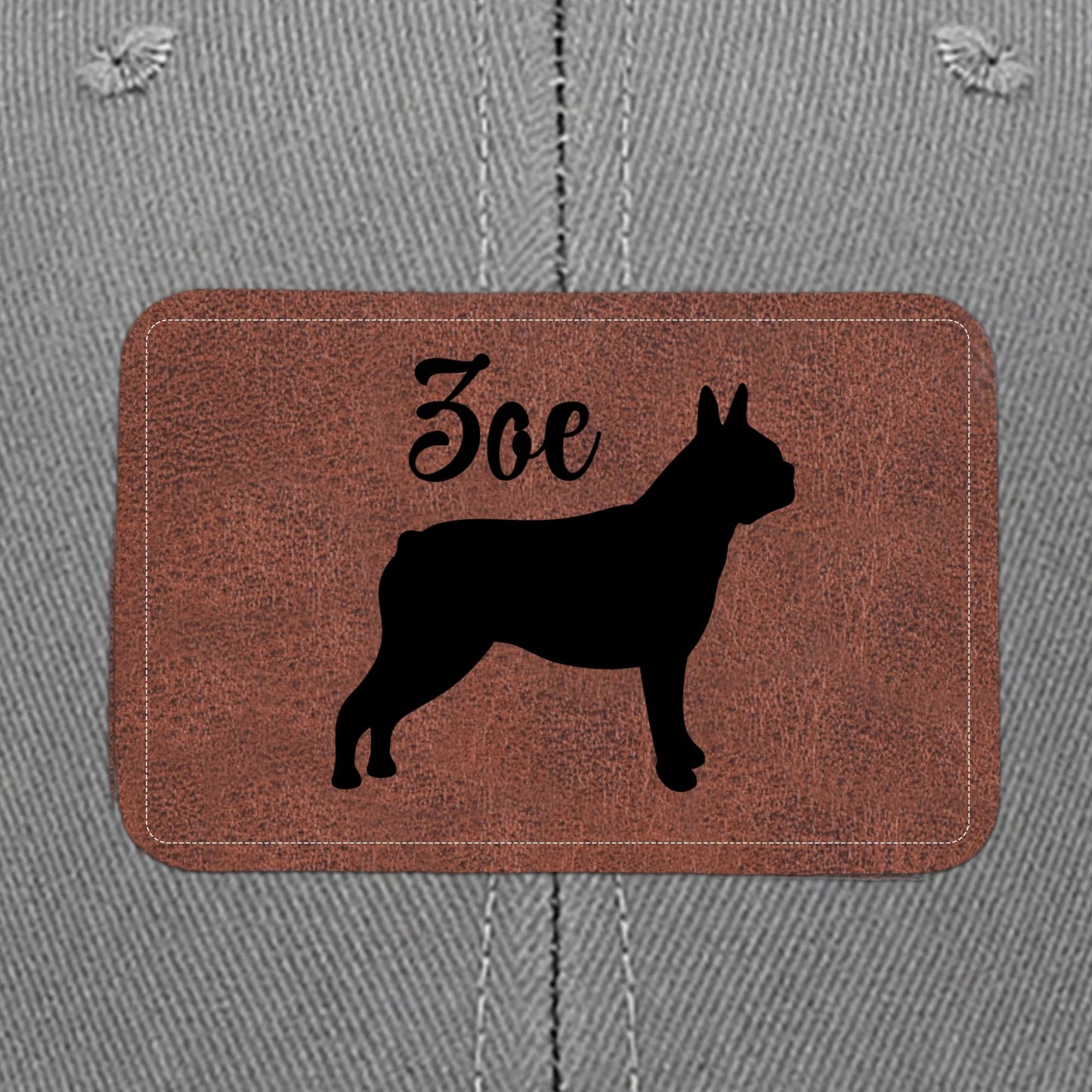 Custom Dog Name With Boston Terrier Silhouette Brown Rectangle Leather Patch Hat Trucker Cap .