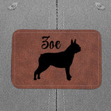 Custom Dog Name With Boston Terrier Silhouette Brown Rectangle Leather Patch Hat Trucker Cap .