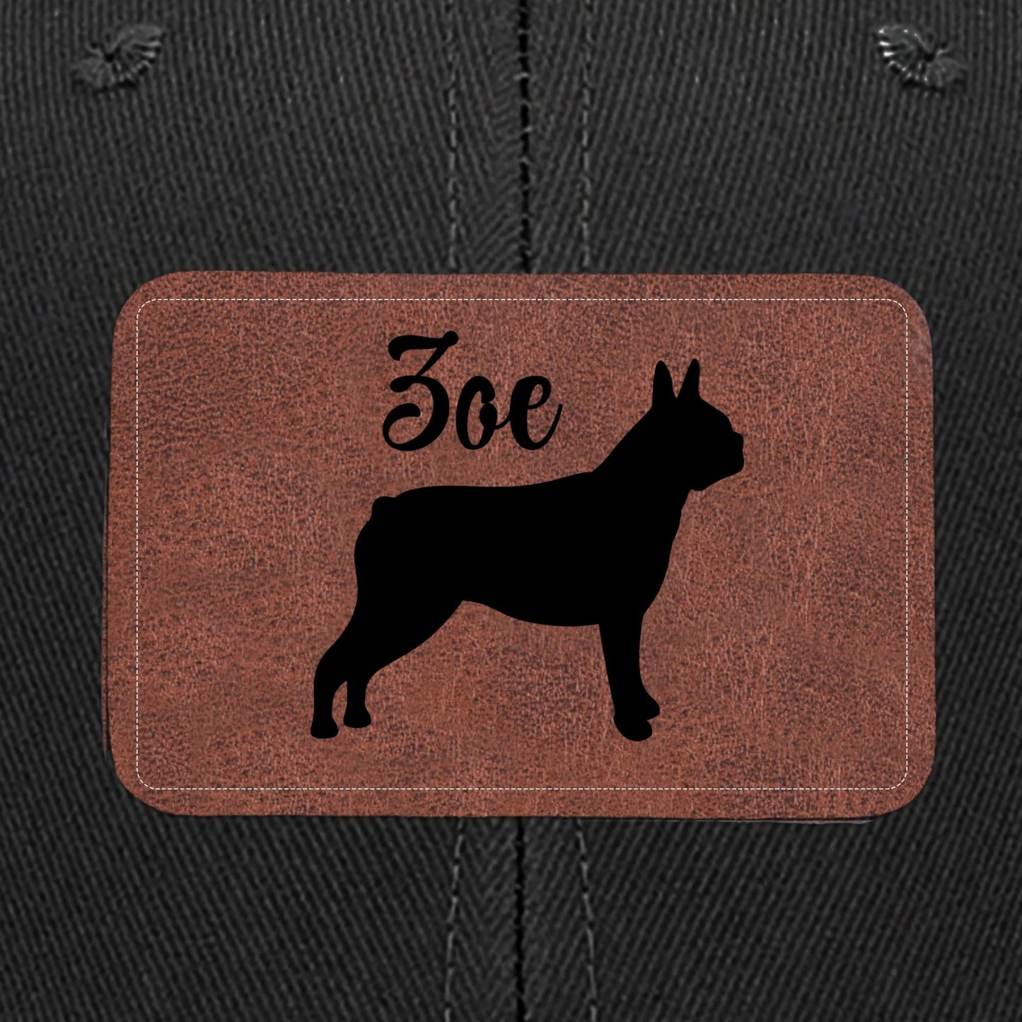 Custom Dog Name With Boston Terrier Silhouette Brown Rectangle Leather Patch Hat Trucker Cap .