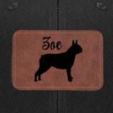 Custom Dog Name With Boston Terrier Silhouette Brown Rectangle Leather Patch Hat Trucker Cap .