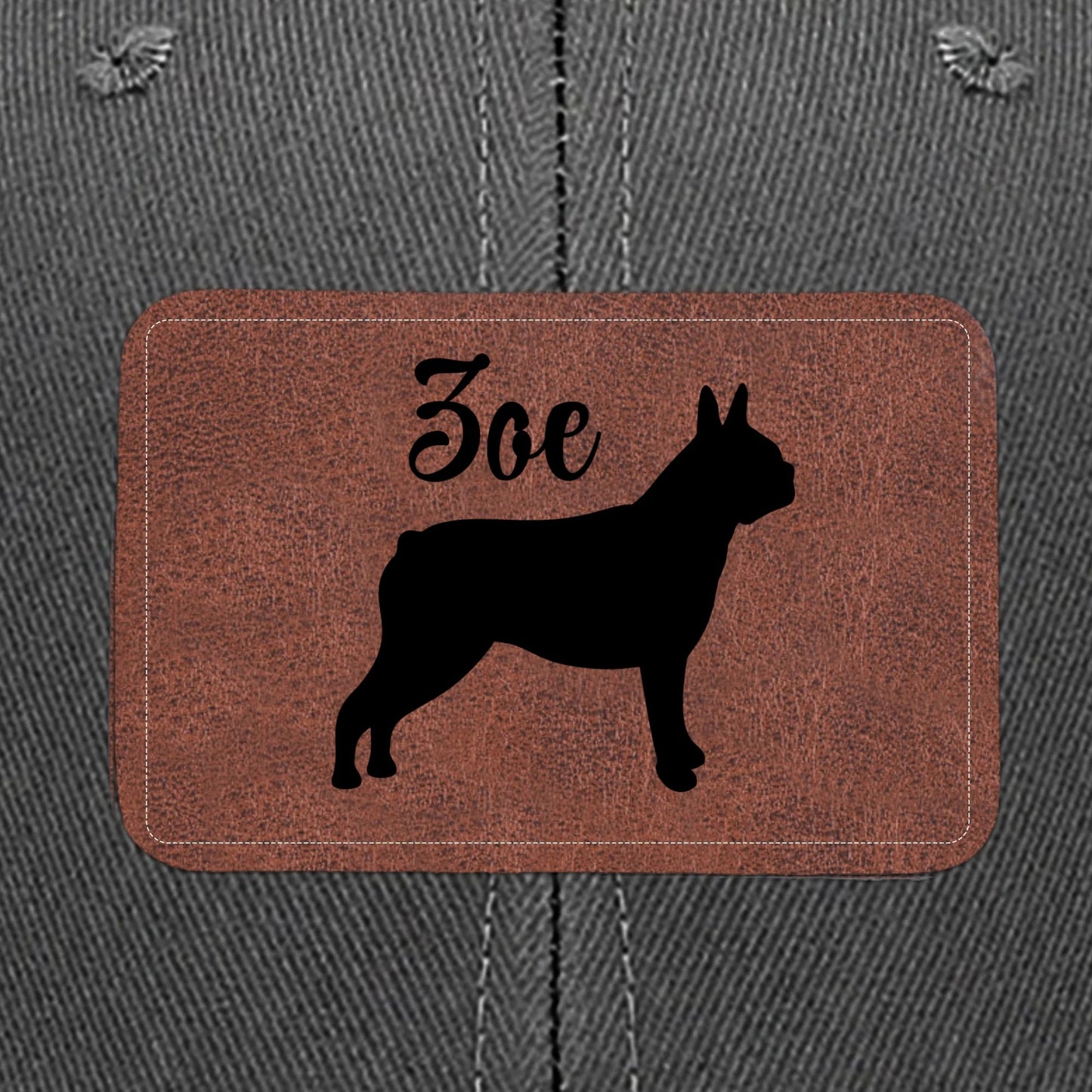 Custom Dog Name With Boston Terrier Silhouette Brown Rectangle Leather Patch Hat Trucker Cap .