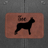 Custom Dog Name With Boston Terrier Silhouette Brown Rectangle Leather Patch Hat Trucker Cap .