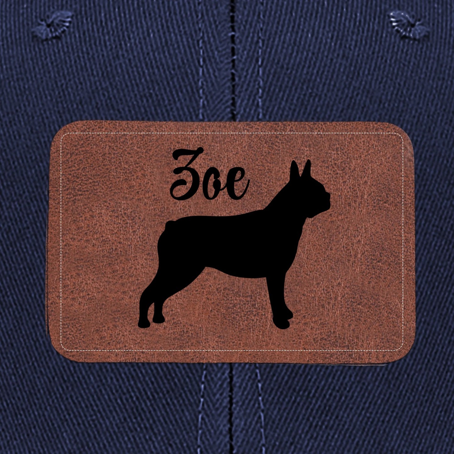 Custom Dog Name With Boston Terrier Silhouette Brown Rectangle Leather Patch Hat Trucker Cap .