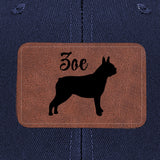 Custom Dog Name With Boston Terrier Silhouette Brown Rectangle Leather Patch Hat Trucker Cap .