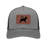 Custom Dog Name With Boston Terrier Silhouette Brown Rectangle Leather Patch Hat Trucker Cap .