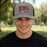 Custom Dog Portrait With Name Brown Rectangle Leather Patch Hat Trucker Cap . Gray