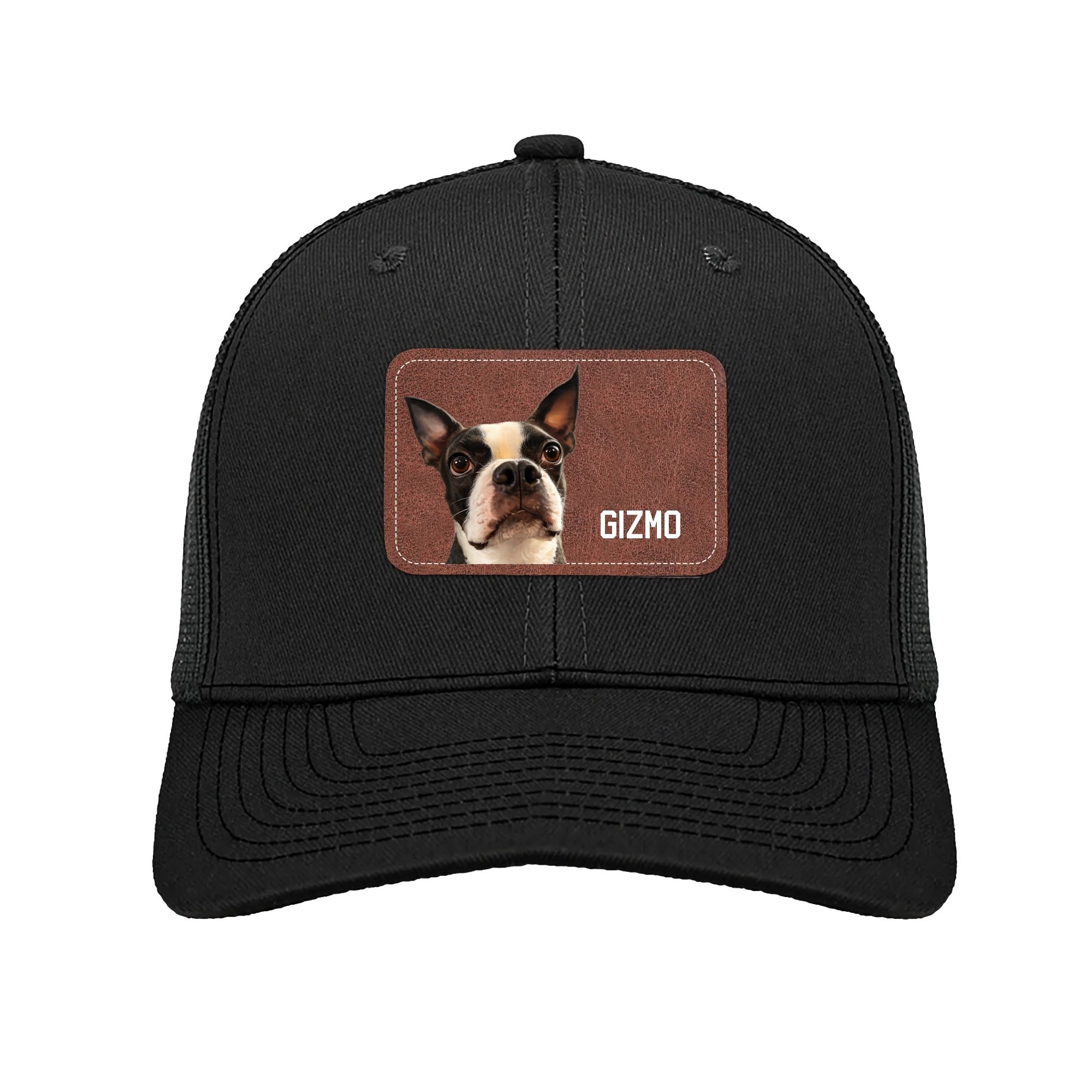 Custom Dog Portrait With Name Brown Rectangle Leather Patch Hat Trucker Cap .