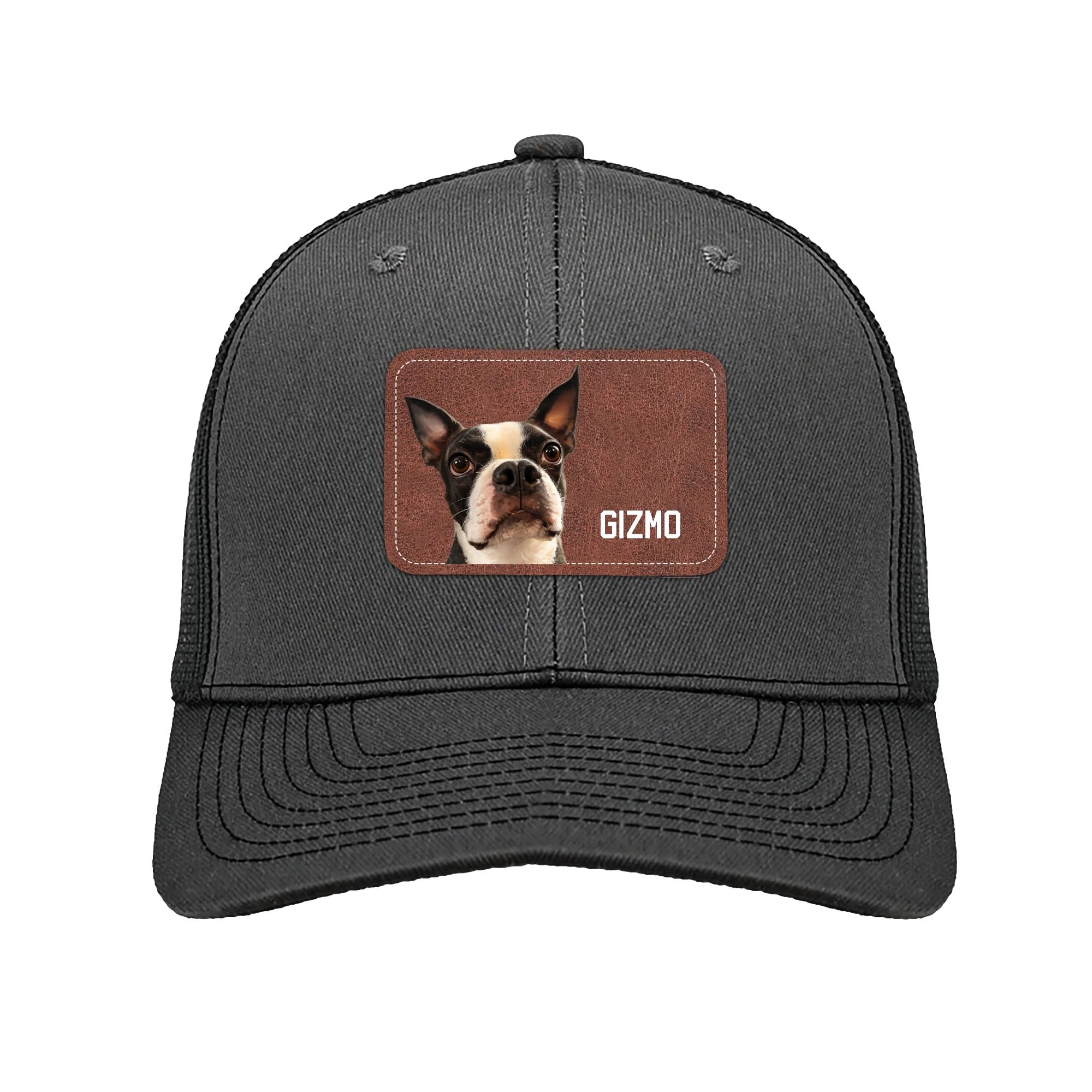 Custom Dog Portrait With Name Brown Rectangle Leather Patch Hat Trucker Cap .