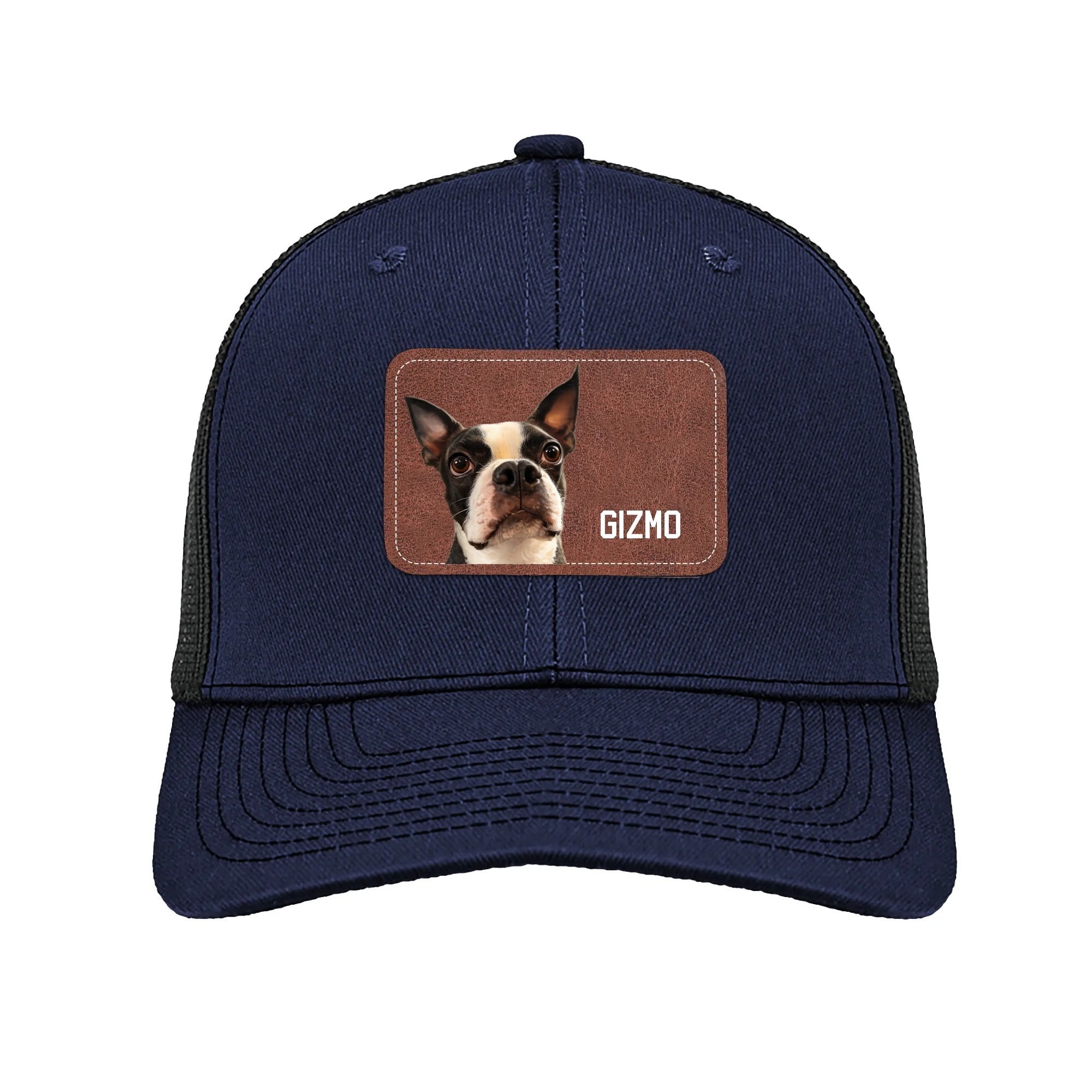 Custom Dog Portrait With Name Brown Rectangle Leather Patch Hat Trucker Cap .
