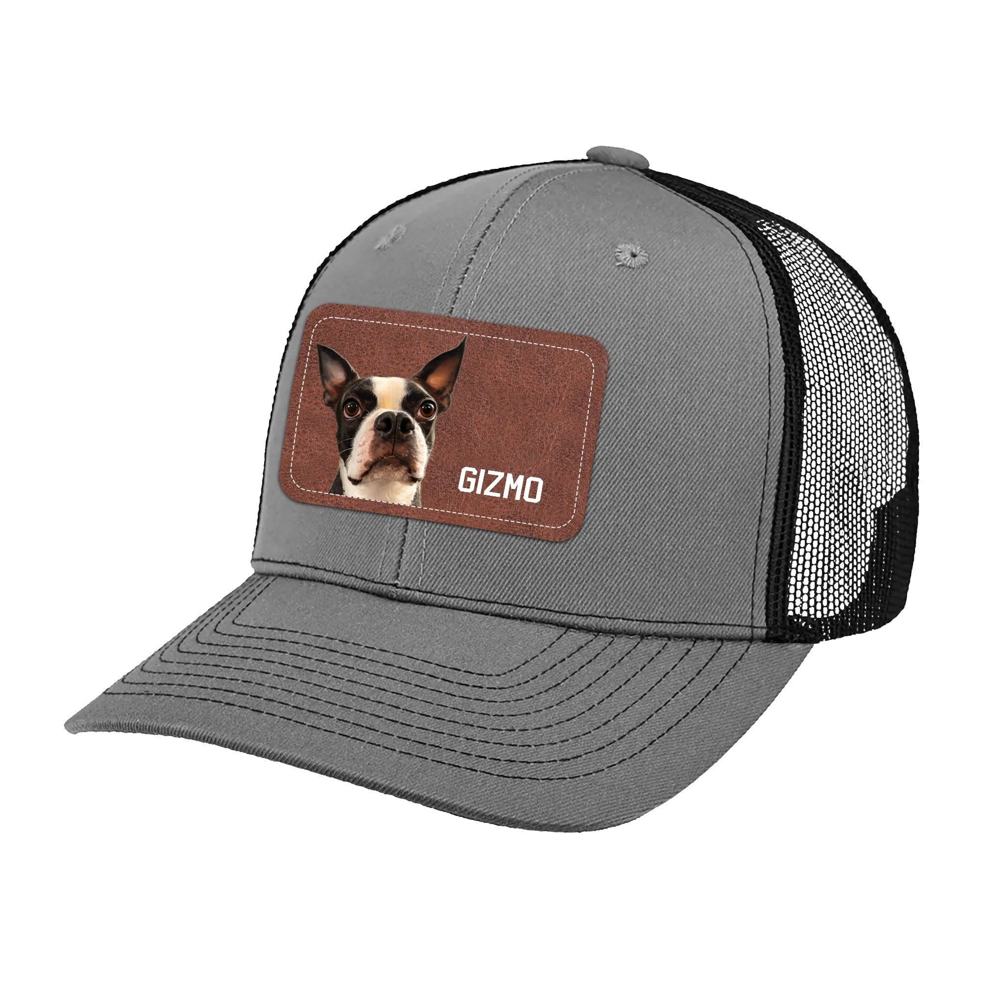 Custom Dog Portrait With Name Brown Rectangle Leather Patch Hat Trucker Cap .