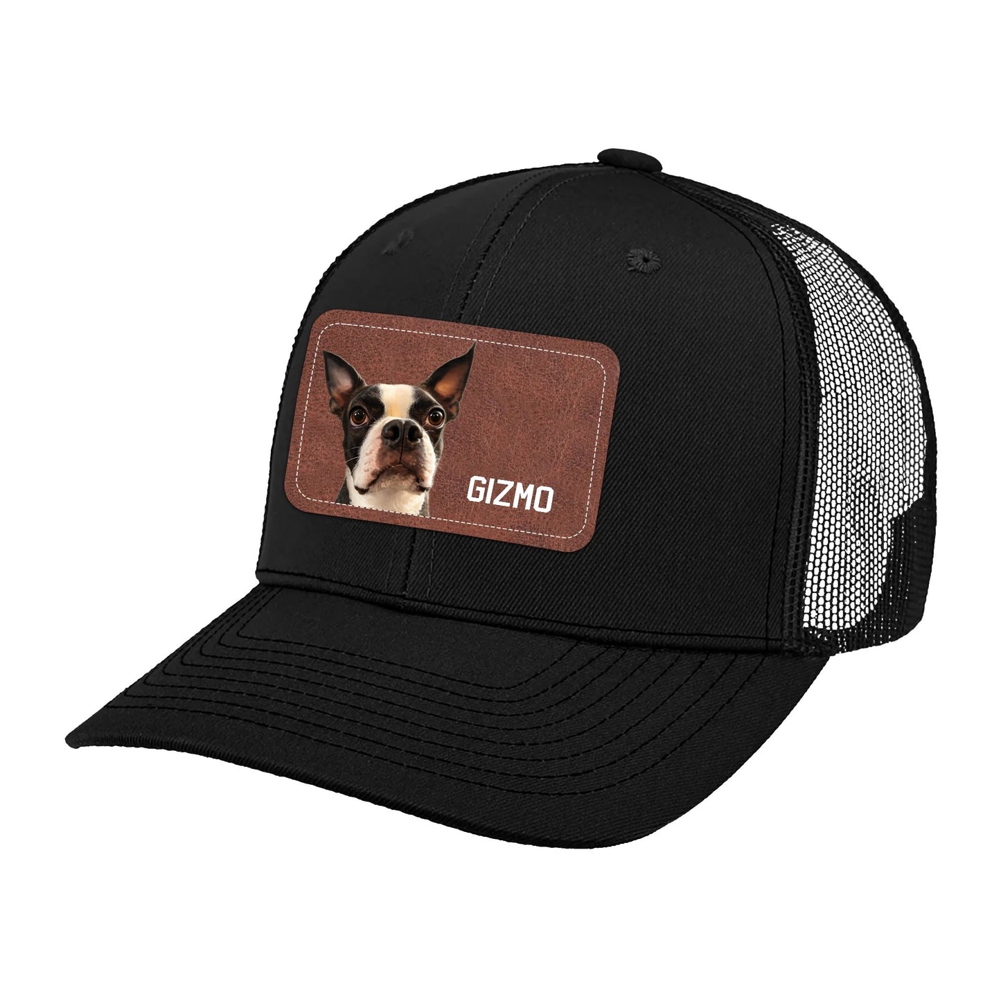 Custom Dog Portrait With Name Brown Rectangle Leather Patch Hat Trucker Cap .