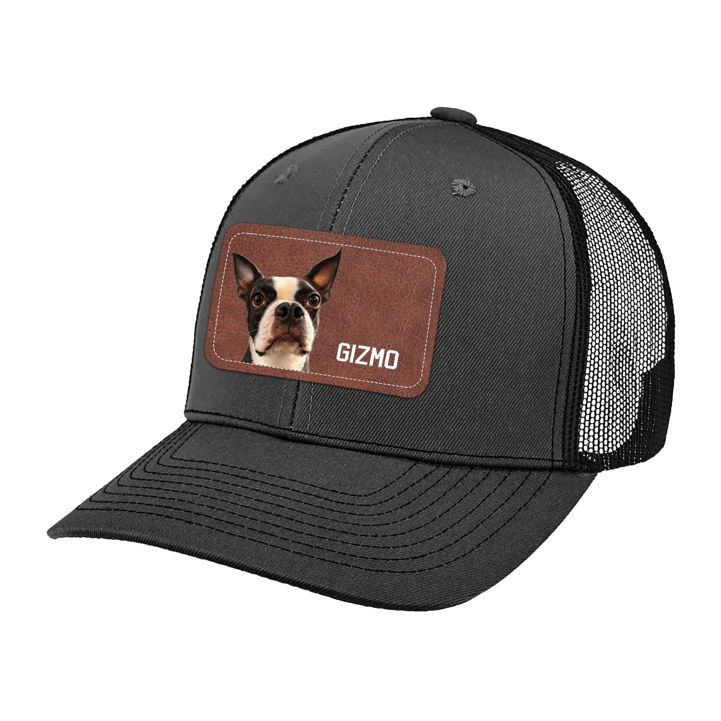 Custom Dog Portrait With Name Brown Rectangle Leather Patch Hat Trucker Cap .