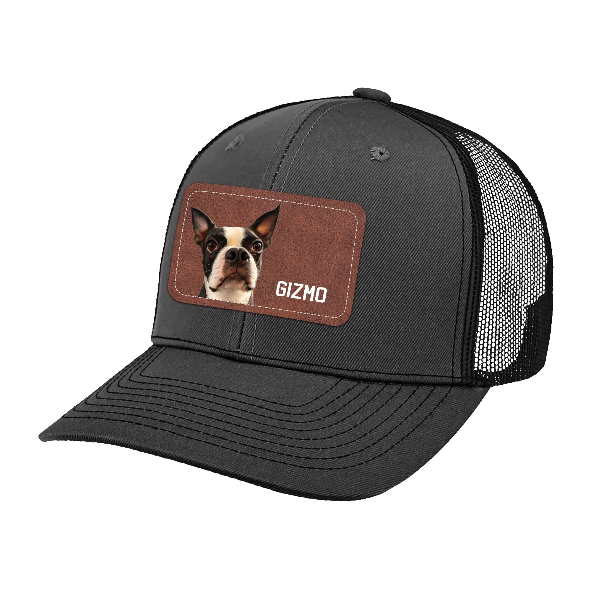 Custom Dog Portrait With Name Brown Rectangle Leather Patch Hat Trucker Cap .