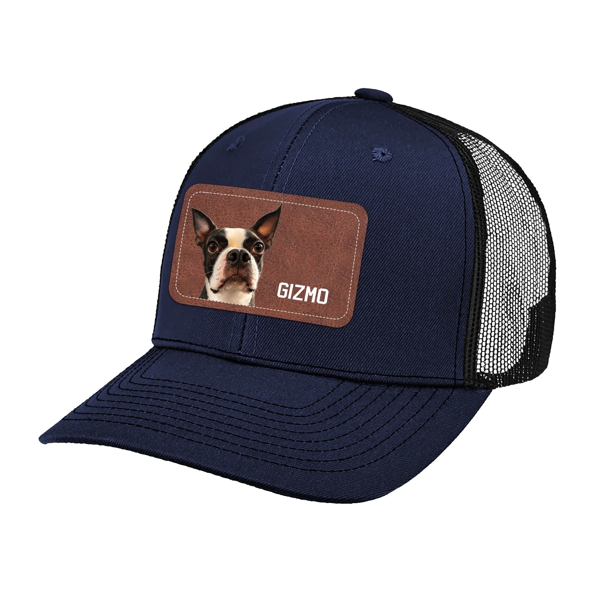 Custom Dog Portrait With Name Brown Rectangle Leather Patch Hat Trucker Cap .