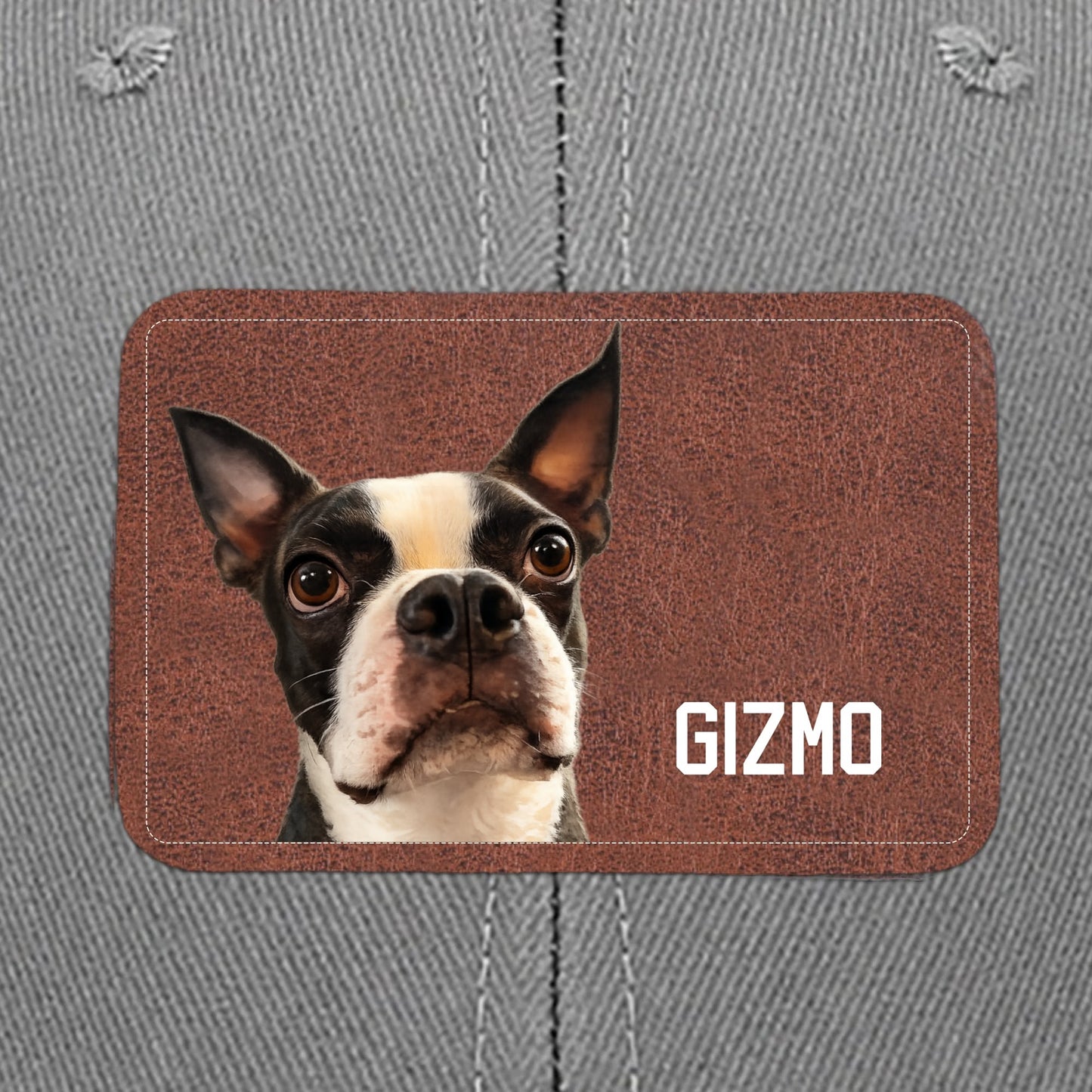 Custom Dog Portrait With Name Brown Rectangle Leather Patch Hat Trucker Cap .