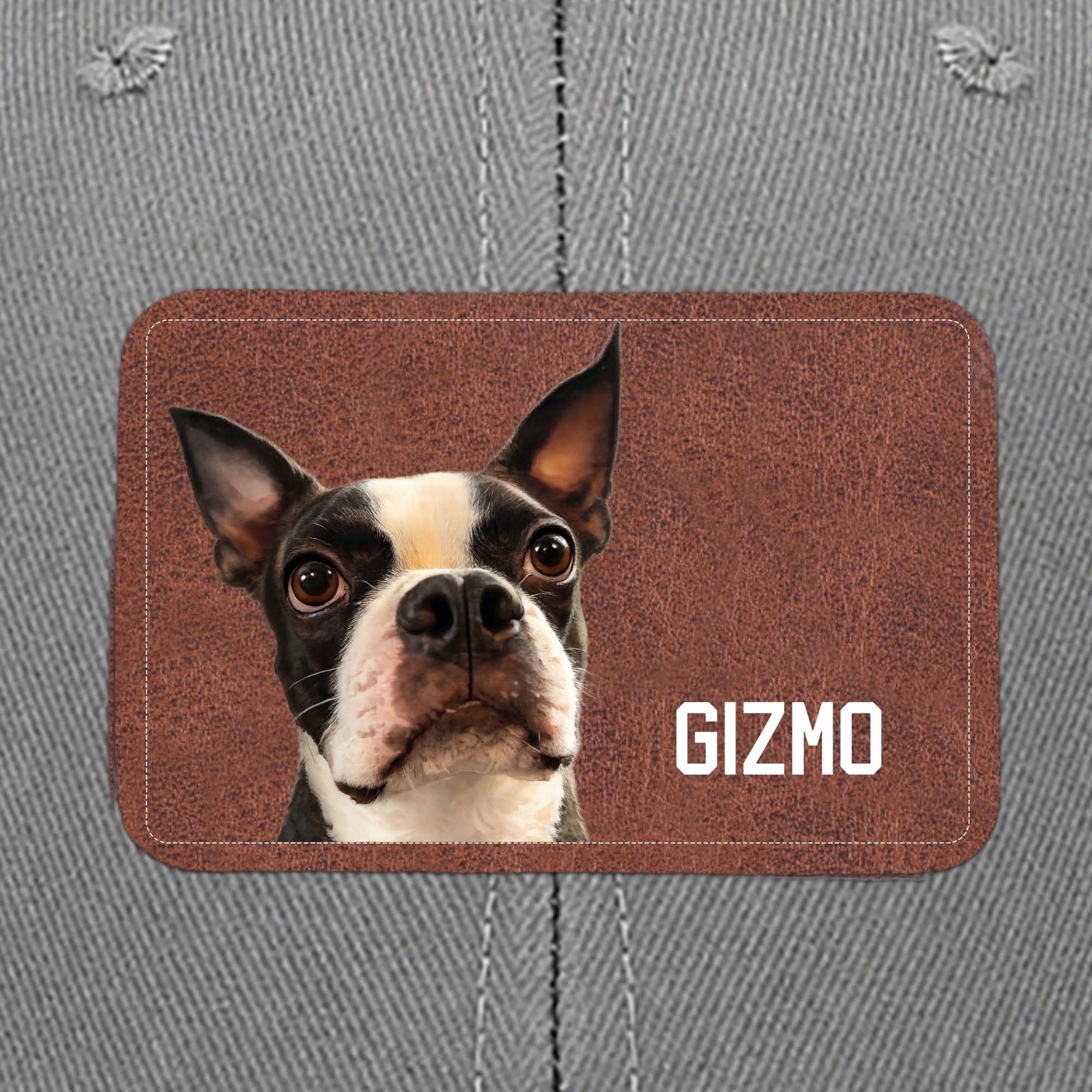 Custom Dog Portrait With Name Brown Rectangle Leather Patch Hat Trucker Cap .