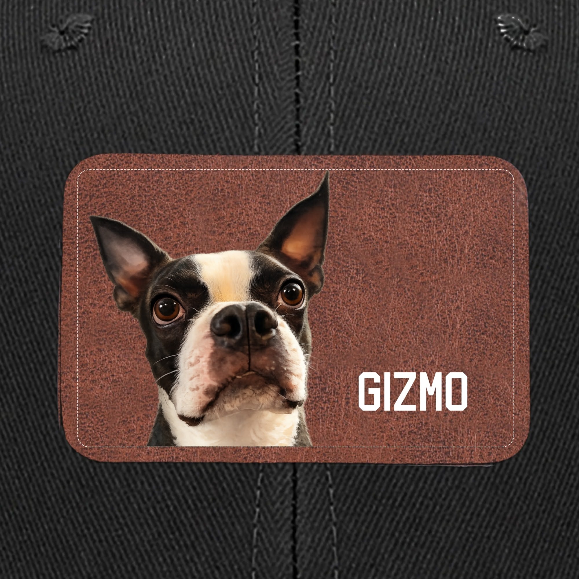 Custom Dog Portrait With Name Brown Rectangle Leather Patch Hat Trucker Cap .