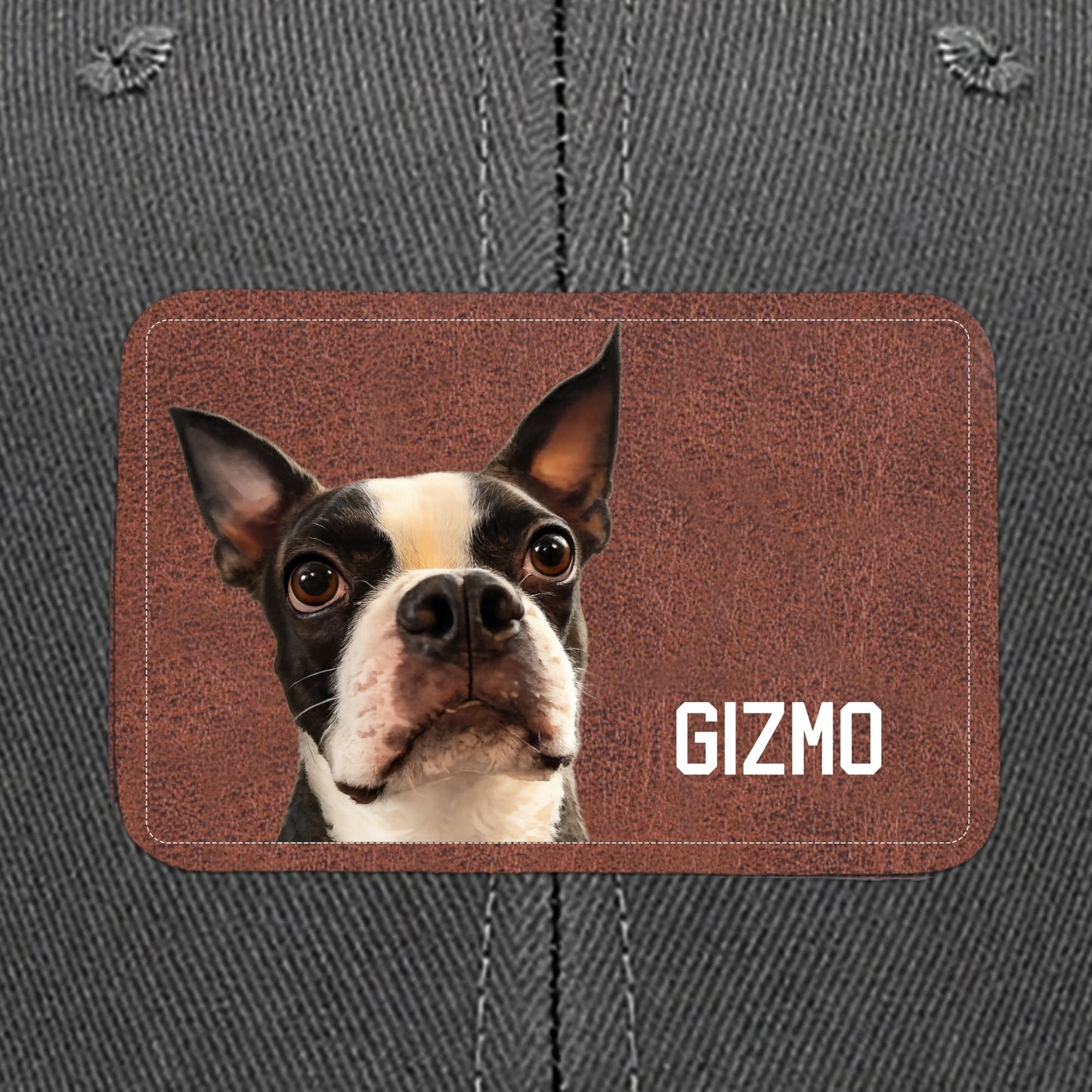 Custom Dog Portrait With Name Brown Rectangle Leather Patch Hat Trucker Cap .