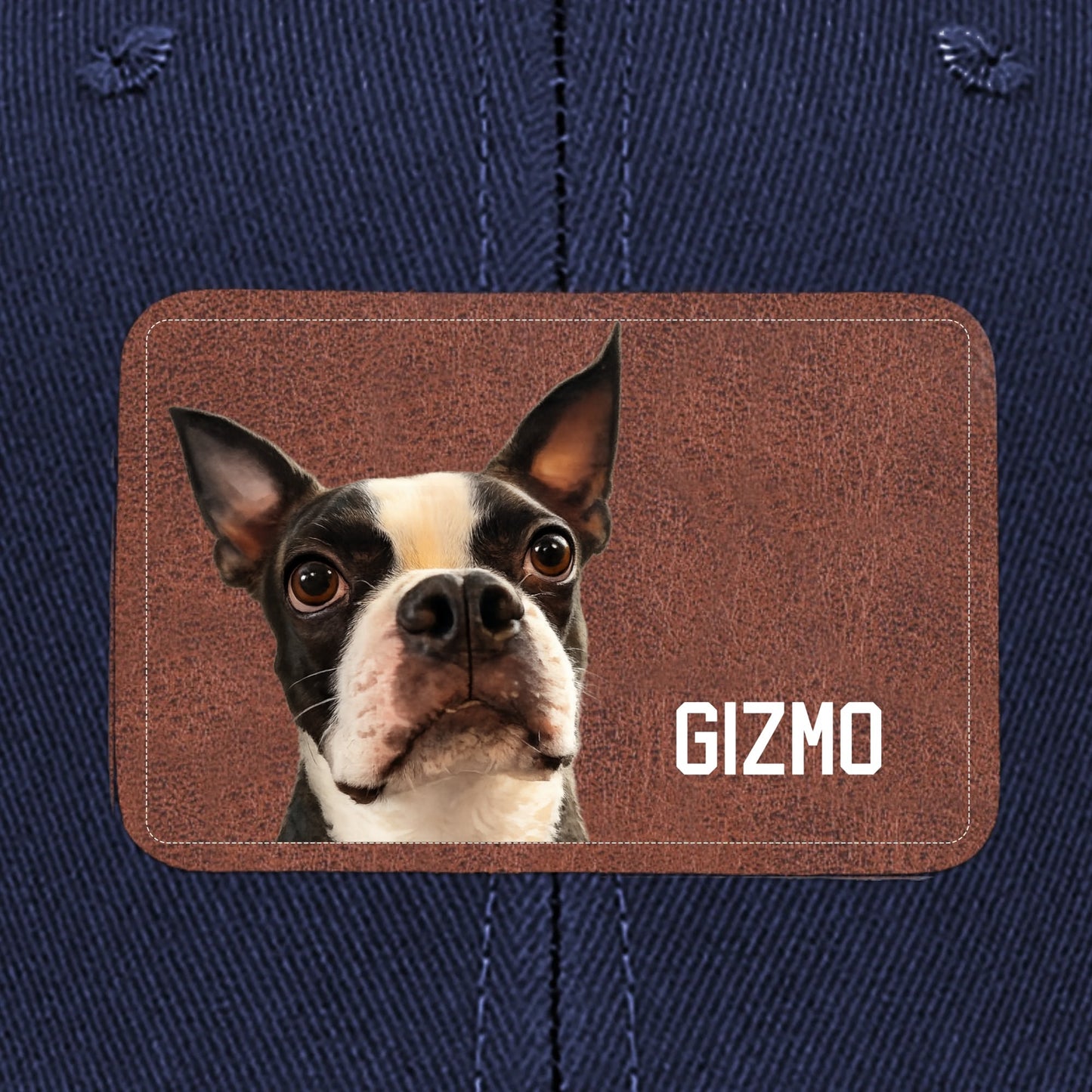 Custom Dog Portrait With Name Brown Rectangle Leather Patch Hat Trucker Cap .