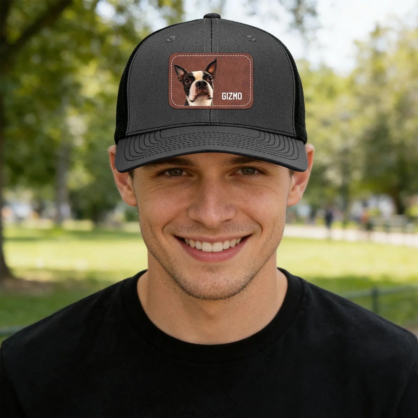 Custom Dog Portrait With Name Brown Rectangle Leather Patch Hat Trucker Cap . Dark Gray