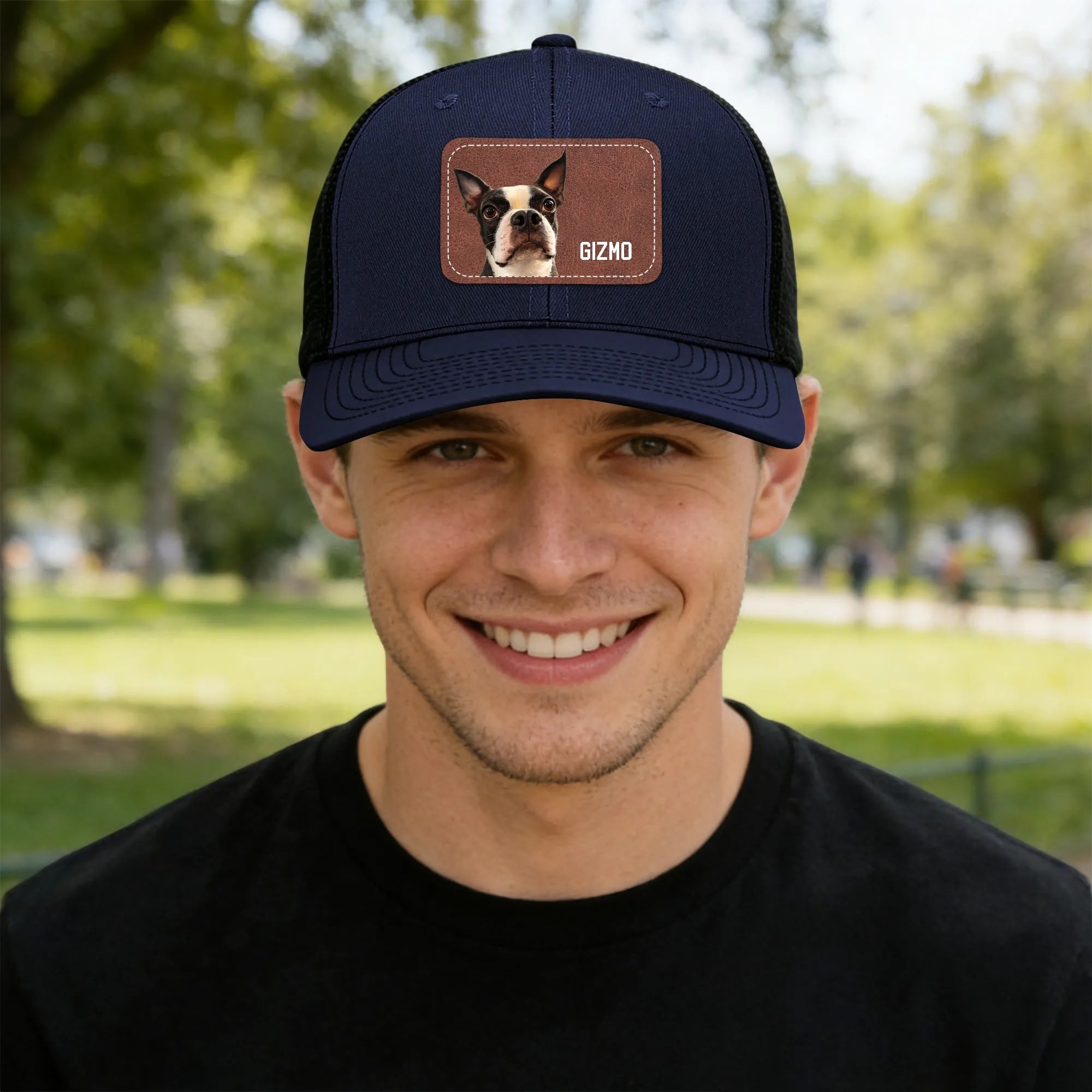 Custom Dog Portrait With Name Brown Rectangle Leather Patch Hat Trucker Cap . Navy