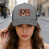 Custom Dog Portrait With Name Brown Rectangle Leather Patch Hat Trucker Cap .