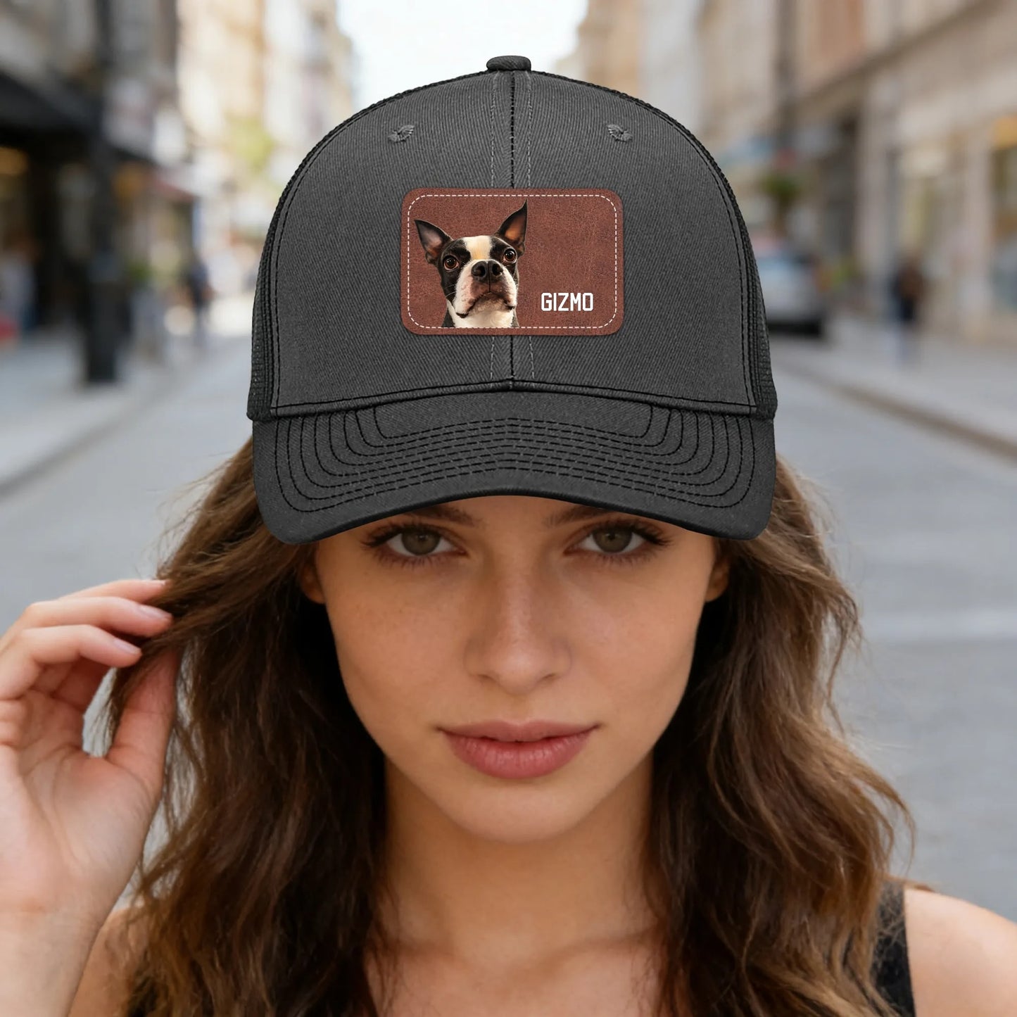 Custom Dog Portrait With Name Brown Rectangle Leather Patch Hat Trucker Cap .