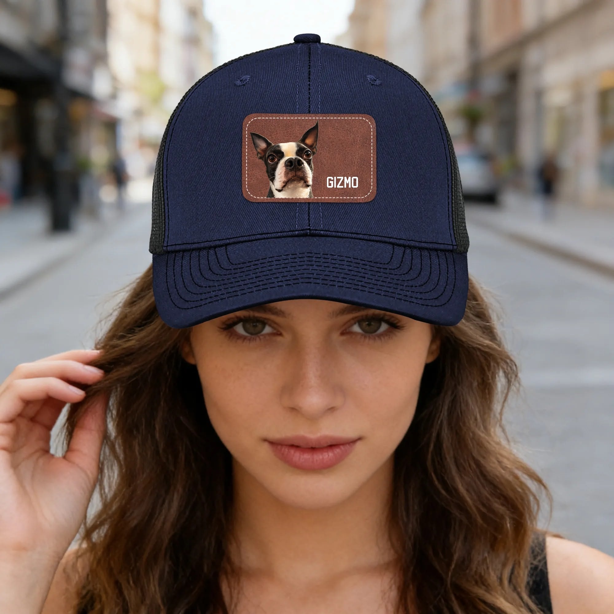 Custom Dog Portrait With Name Brown Rectangle Leather Patch Hat Trucker Cap .
