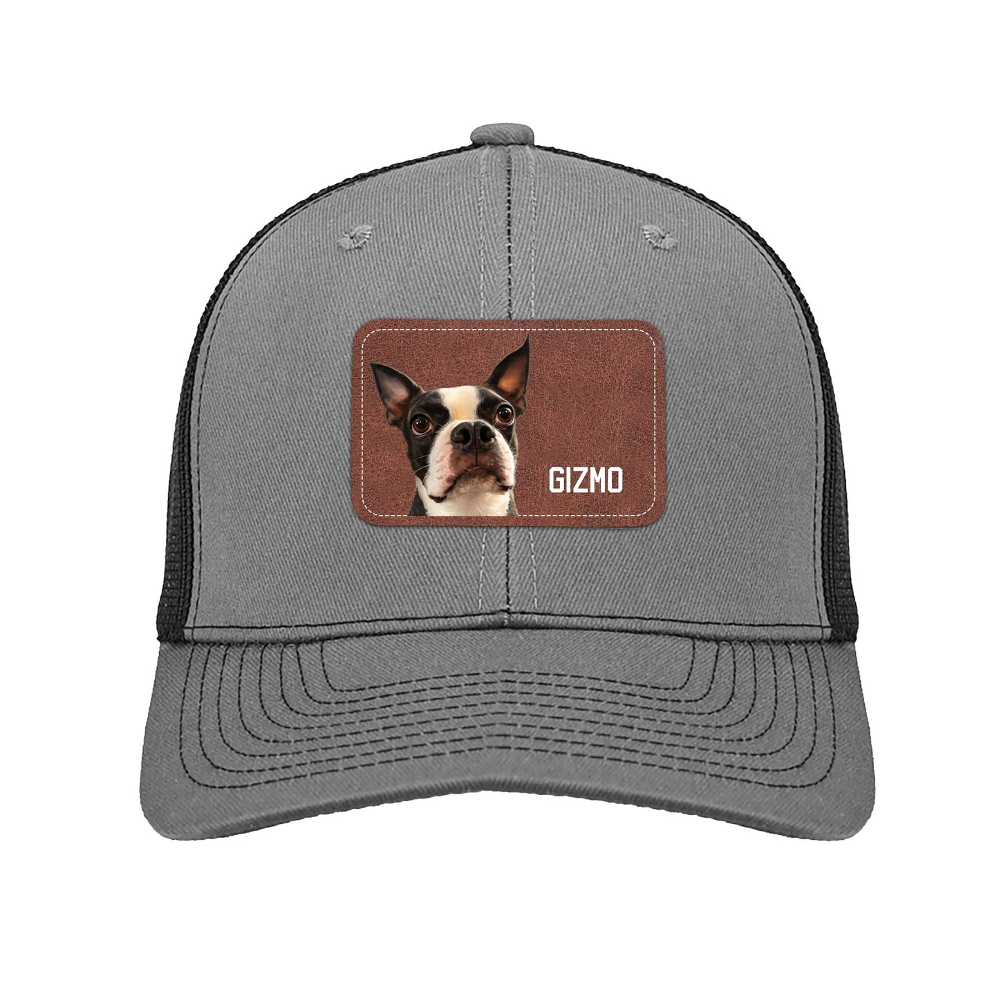 Custom Dog Portrait With Name Brown Rectangle Leather Patch Hat Trucker Cap .