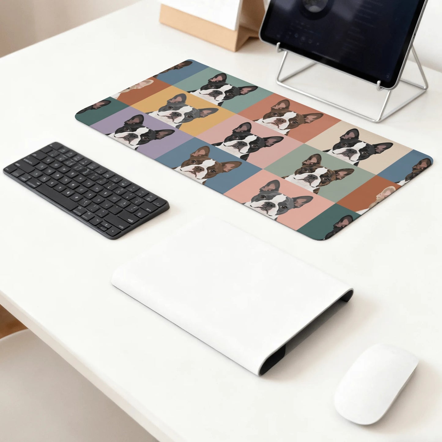 Pop Art Style Colored Boston Terriers Modern Tiles Pattern Smooth Desk Pad Gaming Mouse Pad . 47.2 X23.6 X0.12 In