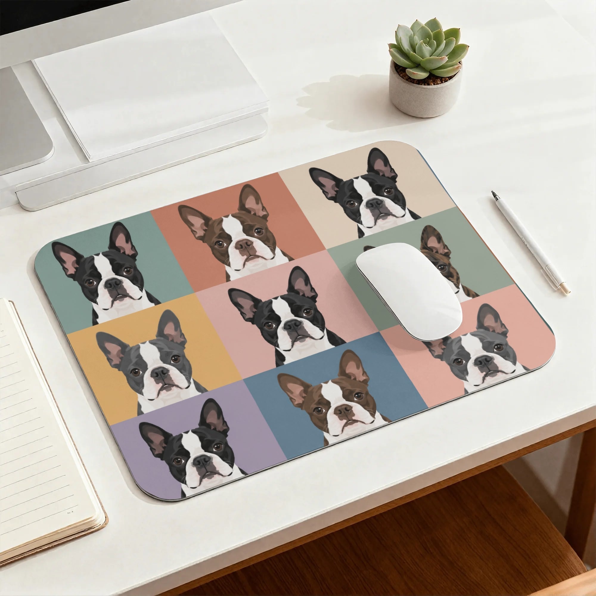 Pop Art Style Colored Boston Terriers Modern Tiles Pattern Smooth Desk Pad Gaming Mouse Pad .