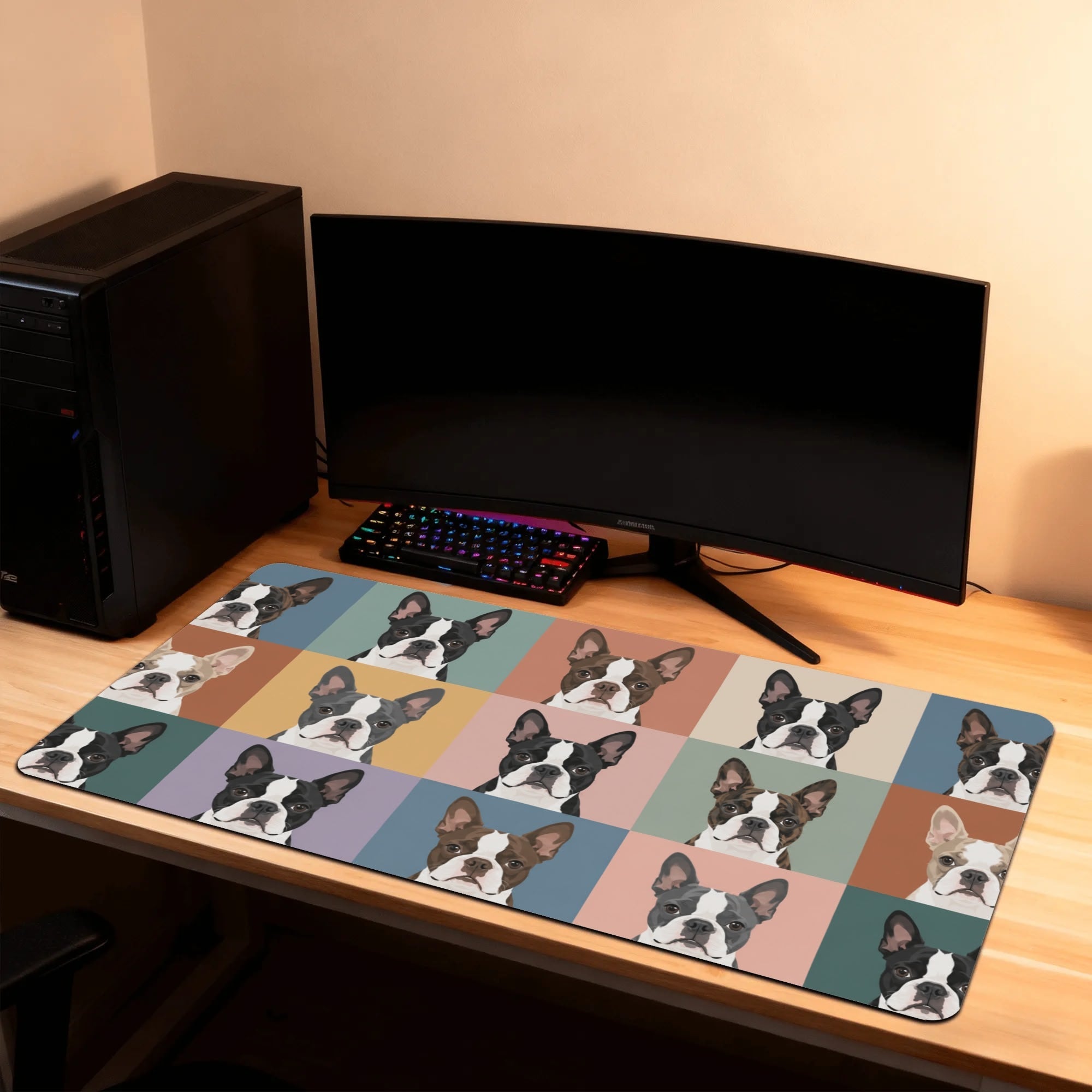 Pop Art Style Colored Boston Terriers Modern Tiles Pattern Smooth Desk Pad Gaming Mouse Pad .