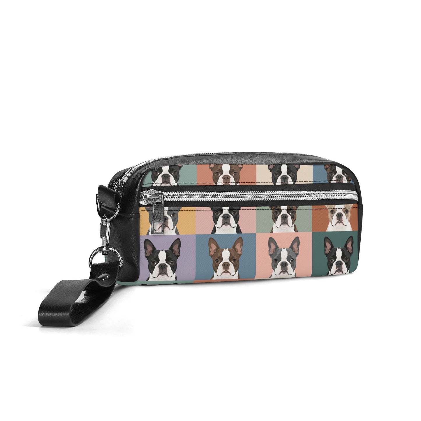 Pop Art Style Colored Boston Terriers Modern Tiles Pattern PU Handheld Cosmetic Bag Party Clutch Bag .
