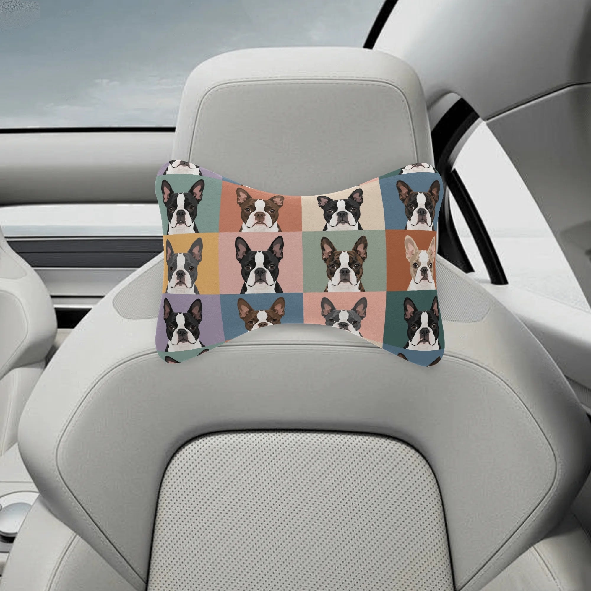 Pop Art Style Colored Boston Terriers Modern Tiles Pattern Soft Car Headrest Pillow .