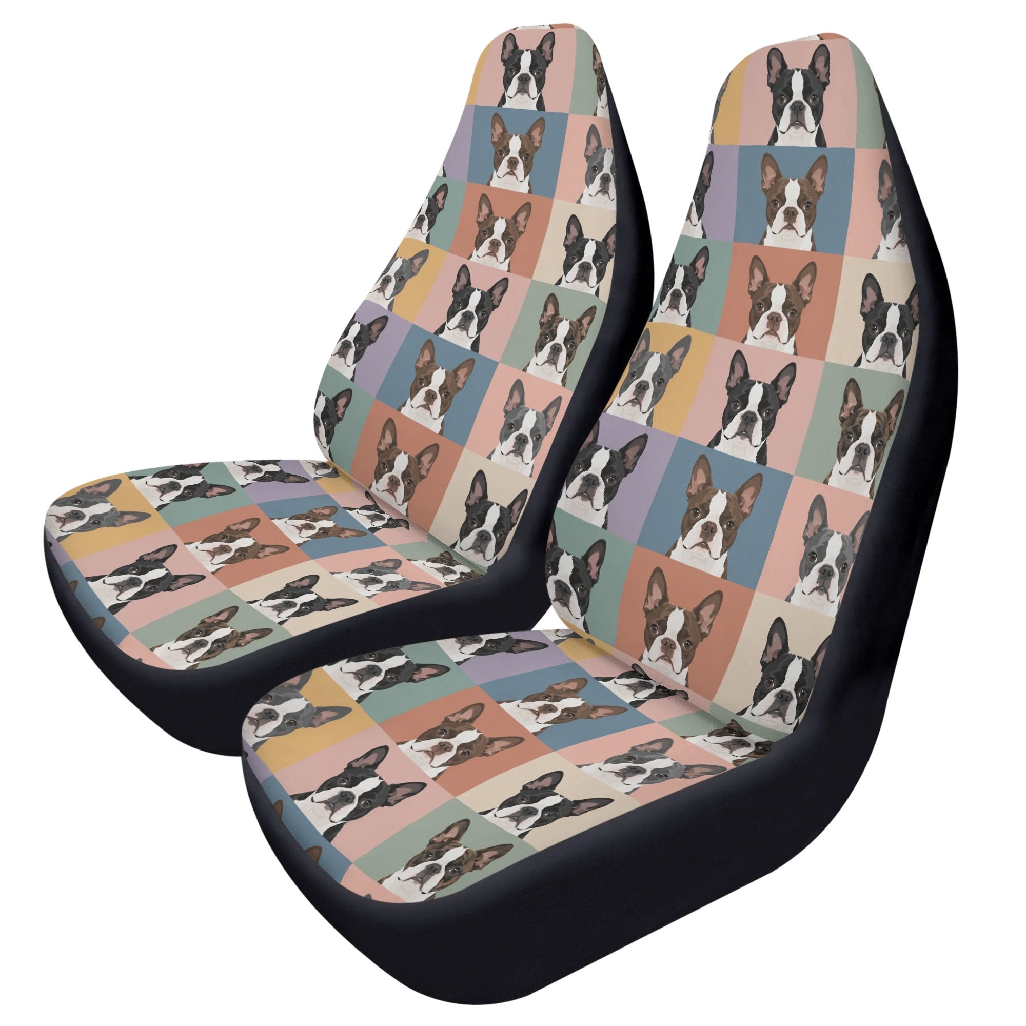 Pop Art Style Colored Boston Terriers Modern Tiles Pattern Soft and Lightweight Front Car Seat Covers (2pcs) .