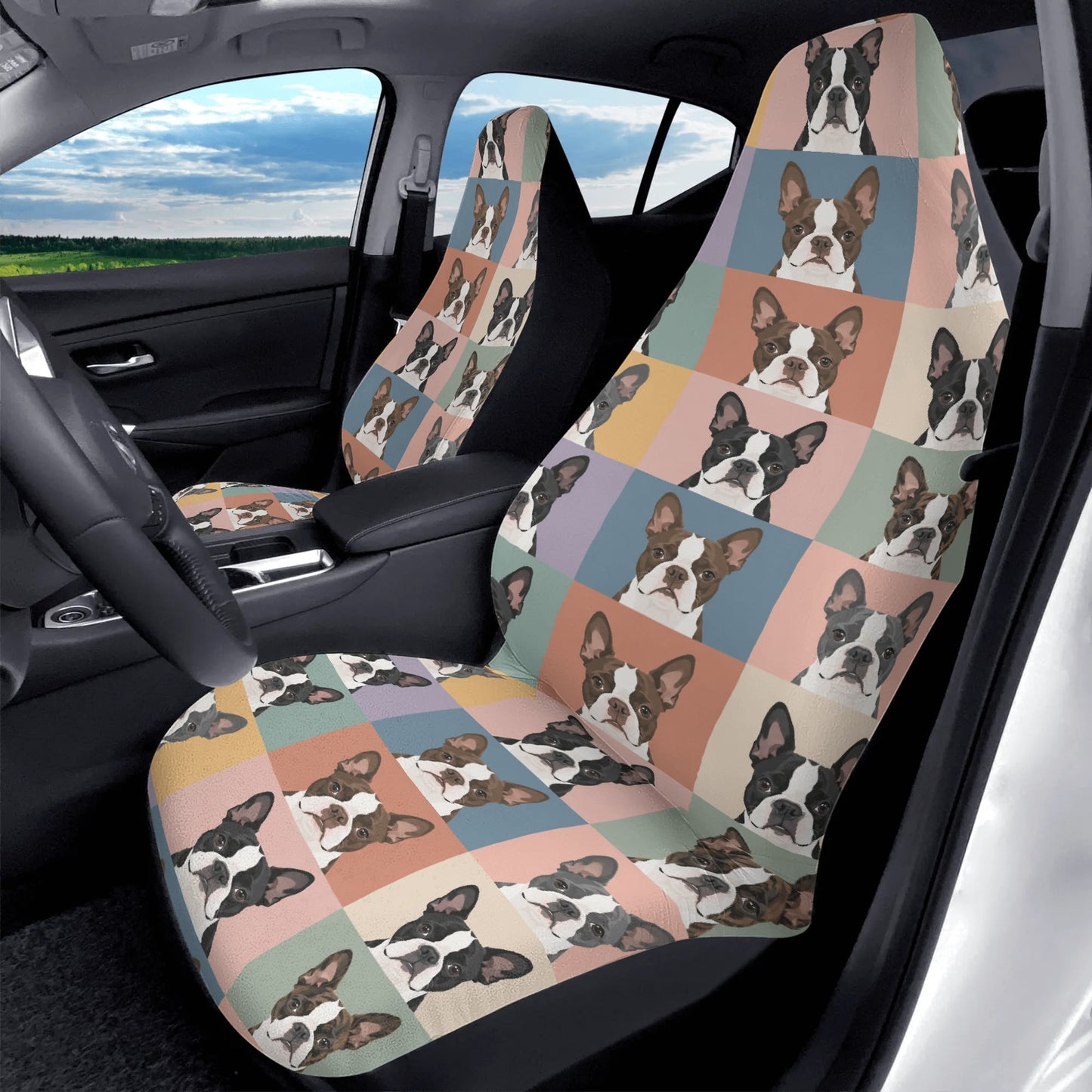 Pop Art Style Colored Boston Terriers Modern Tiles Pattern Soft and Lightweight Front Car Seat Covers (2pcs) .