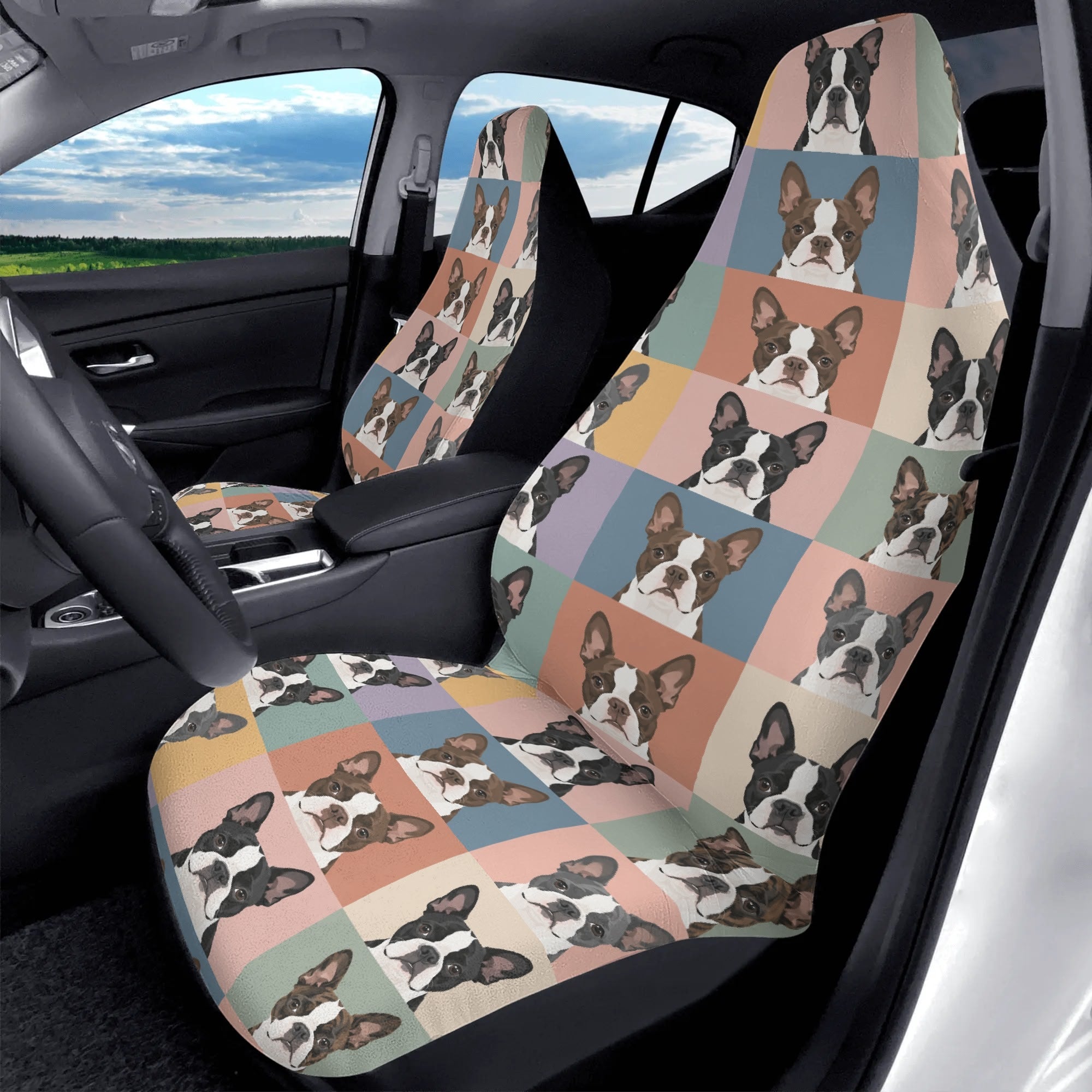 Pop Art Style Colored Boston Terriers Modern Tiles Pattern Soft and Lightweight Front Car Seat Covers (2pcs) .