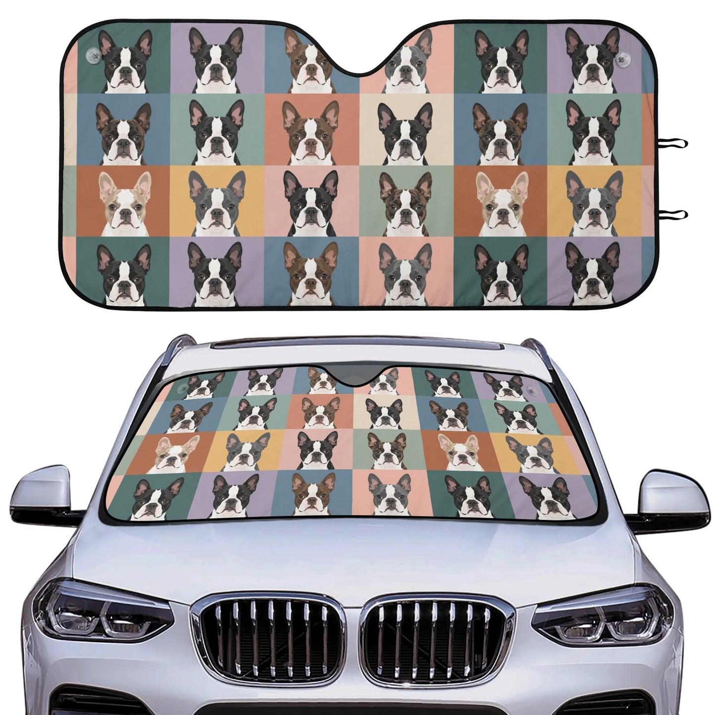 Pop Art Style Colored Boston Terriers Modern Tiles Pattern Car Sunshade .