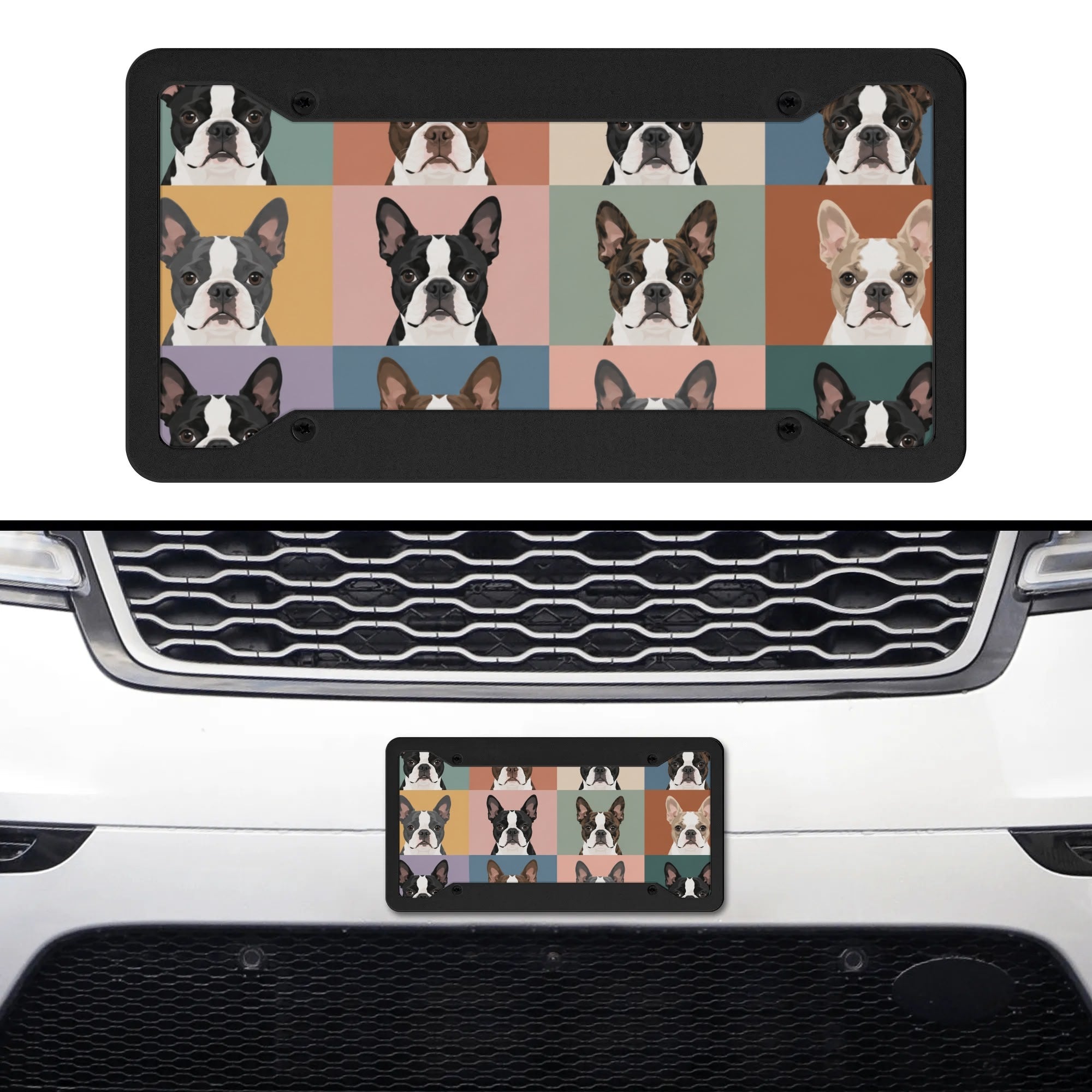 Pop Art Style Colored Boston Terriers Modern Tiles Pattern License Plate .