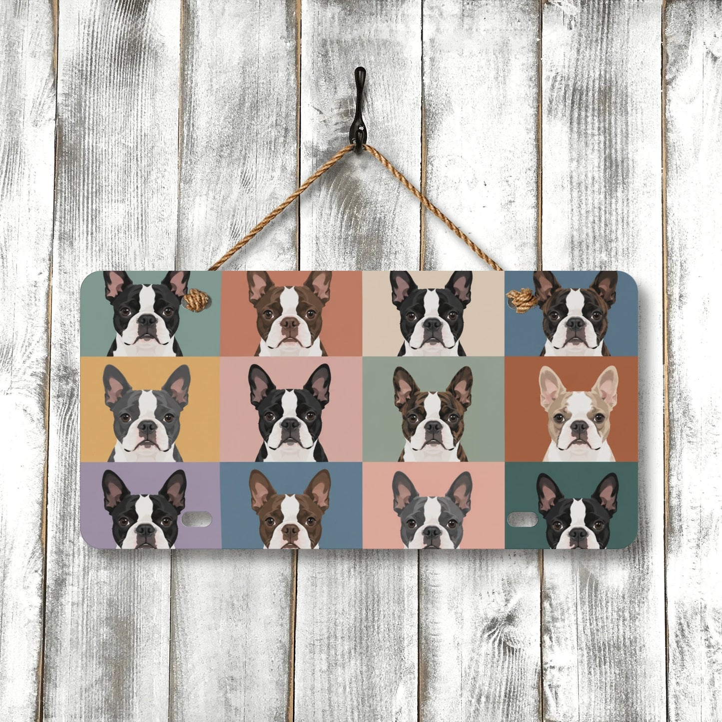 Pop Art Style Colored Boston Terriers Modern Tiles Pattern License Plate .