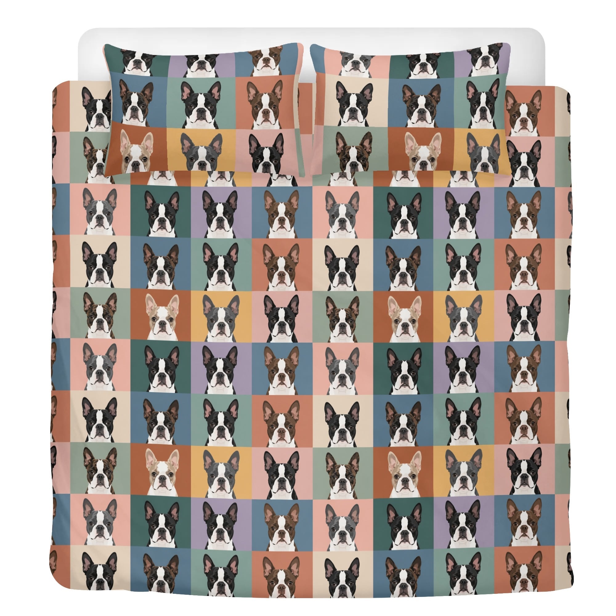 Pop Art Style Colored Boston Terriers Modern Tiles Pattern 3 Pcs Beddings .