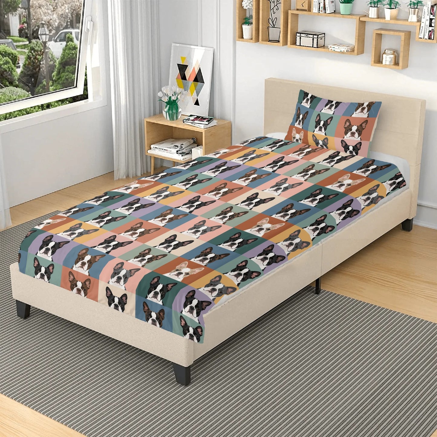 Pop Art Style Colored Boston Terriers Modern Tiles Pattern 3 Pcs Beddings .