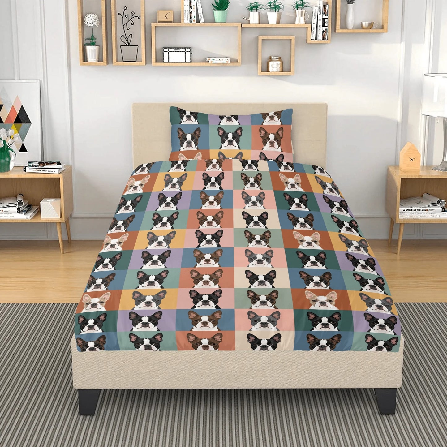 Pop Art Style Colored Boston Terriers Modern Tiles Pattern 3 Pcs Beddings .