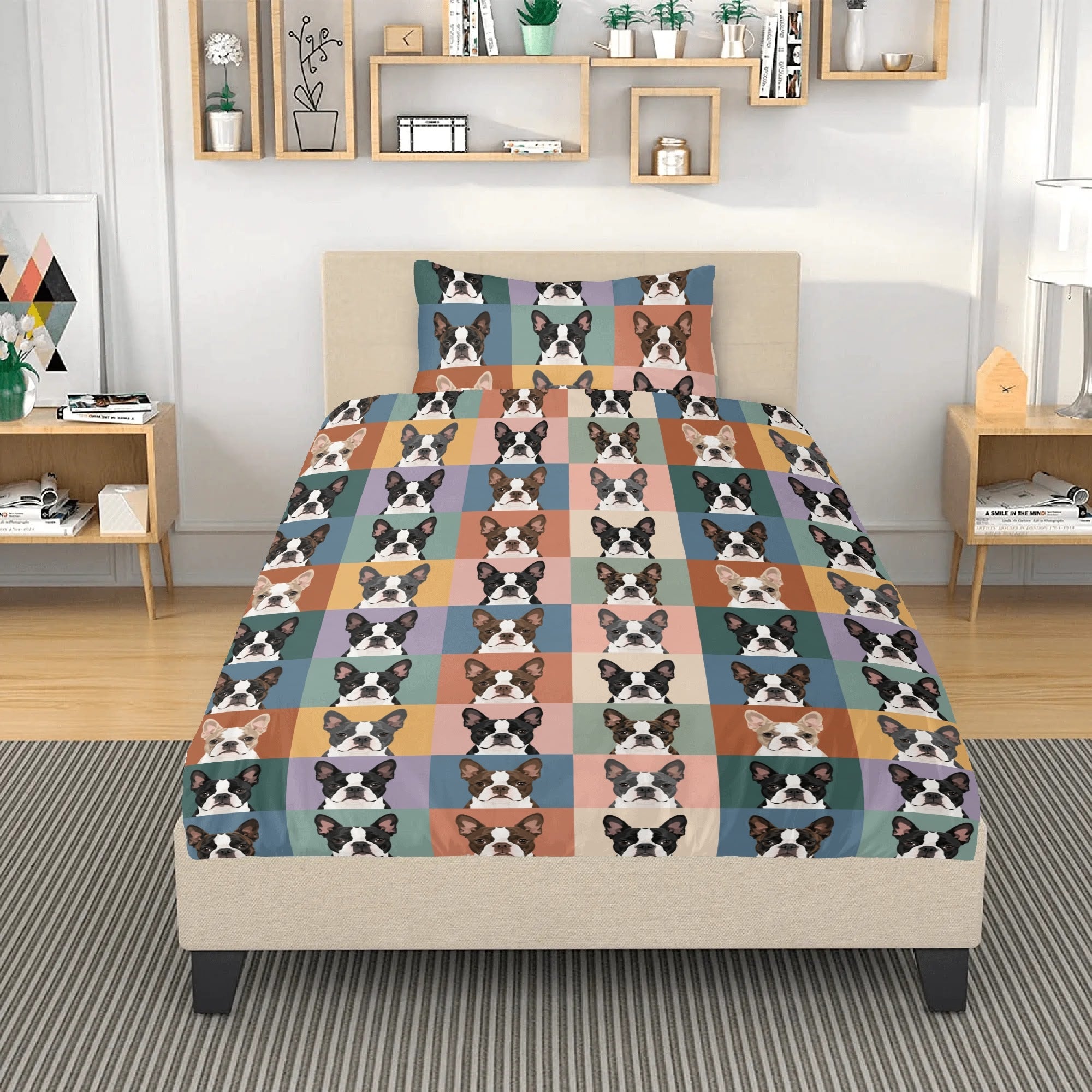 Pop Art Style Colored Boston Terriers Modern Tiles Pattern 3 Pcs Beddings .