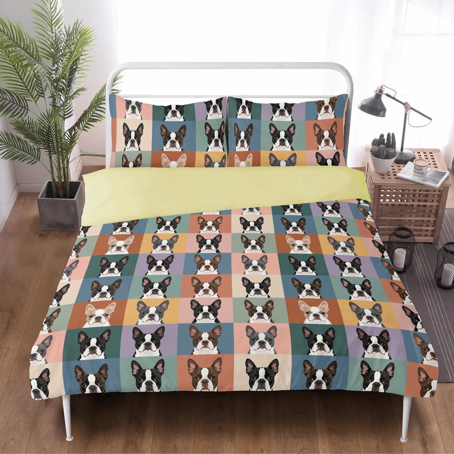 Pop Art Style Colored Boston Terriers Modern Tiles Pattern 3 Pcs Beddings . Beige