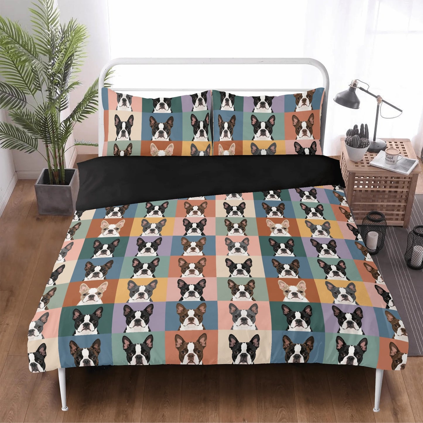Pop Art Style Colored Boston Terriers Modern Tiles Pattern 3 Pcs Beddings . Black